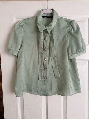 Zara Pale Mint Short Sleeve Blouse with Bow Neck